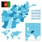 Afghanistan detailed administrative blue map with country flag and location on the world map.