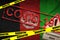 Afghanistan flag and Covid-19 quarantine yellow tape with red stamp. Coronavirus or 2019-nCov virus