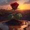 Aflame in Dusk: The Red Rose\\\'s Dance with the Setting Sun