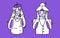 Afraid grandmother and grandfather, purple and white, emotion of fear, cover their face with their hands. Half body sketch style