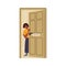 Afraid kid opening unlocking house door. Cautious scared anxious child in fear, fright, standing at home, looking