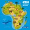 Africa animal world map continent. Set tropical animals flora wild savannah jungle fauna. Vector cartoon style