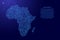 Africa continent map from blue isolines or level line geographic topographic map grid and glowing space stars. Vector illustration