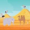 Africa desert landscape background with cartoon flat african animals and birds vector illustration for kids. Egypt hot