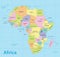 Africa map colorful, new political detailed map, separate individual states, with state city and sea names, blue background
