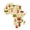 Africa map silhouette with ethnic elements in cartoon style. Tribal ornaments on shields, masks, nature objects baobab