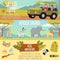 Africa safari tour banner set - cartoon people on African expedition