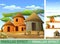 Africa village with parallax effect. Rural houses made of clay and straw. African landscape. Rocky desert and blue sky