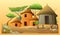 Africa village. Sunny hot yellow heat. Rural houses made of clay and straw. African landscape. Acacia trees. Vector