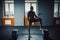 African american athletic man in sport mask put his foot on barbell waiting and preparing before lifting heavy barbell. deadlift w