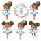 African American Ballerina Princess Character Dancer Set. Cute Child Girl wear Blue Tutu Costume Training in School