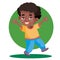 African american boy cheerfully runs somewhere bouncing upstairs, isolated object on white background, vector