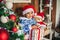 African American boy dressed costume Santa Claus