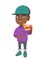 African-american boy eating tasty pizza.