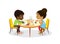 African American Boy and Girl sit at the round table and draw picture with watercolor and pencils. Drawing activity in