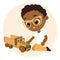 African American boy with glasses and toy car. Boy playing car. Vector illustration eps 10 isolated on white background. Flat cart