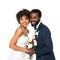 African american bride and bridegroom holding bouquet and looking at camera isolated on white