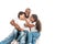 African american brother and sister touching noses of each other while sitting with dad on white background