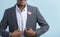 African american businessman with I Voted Today button on suit