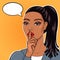 African american businesswoman in pop art retro cimic style with finger on lips for quiet please, stop talking, keeping business s