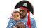 African american child boy and father in costume pirate on white background.