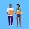 African american couple woman man courier holding paper parcel box delivery concept happy postman male female cartoon