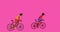 African American cyclists are riding bicycles on the pink background.Cartoon with alpha chanel, flat design