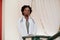 African american doctor student female at lab coat with stethoscope inside medical university