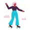 African american elderly woman rollerblading. Modern fashion granny is having fun. Active aging. Flat vector illustration