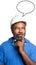 African american engineer with safety glasses and safety helmet thinking on  white background and speech bubble