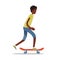 African American ethnicity teenage boy in shorts and t-shirt rides a red skateboard.