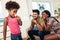 African american family enjoy singing karaoke