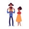 African-American family standing with daughter on dad shoulders cartoon style