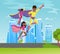 African American family superheroes father and children fly together in super hero costumes with cape and masks
