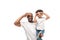 African american father holding son imitating photo shooting isolated on white