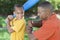 African American Father & Son Playing Baseball