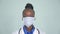 African american female doctor wear face mask look at camera, headshot portrait.