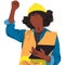 African-American female warehouse worker raised her fist and holding a tablet isolated on white