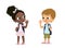 African American Girl with the backpack saying goodbye to Caucasian Boy. Happy african schoolmates greeting isolated on