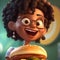 African American Girl with Big Burger - 3D Rendered Illustration