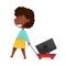 African American Girl Character Pulling Platform Trolley with Broken Laptop as Sorted Garbage for Recycling Vector