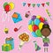 African-American girl with color balloons and birhday elements