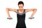 African American Girl Exercising With Dumbbells Pumping Biceps, White Background