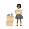African american girl holding donate box. Charity donation concept, second hand things and toys. Support and humanitarian aid