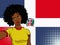 african american girl makes selfie in front of national flag Dominican Republic in pop art style illustration. Element of sport fa