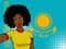 african american girl makes selfie in front of national flag Kazakhstan in pop art style illustration. Element of sport fan illust