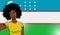 african american girl makes selfie in front of national flag Uzbekistan in pop art style illustration. Element of sport fan illust