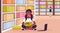 African american girl student sitting lotus pose reading book near bookshelf modern library interior education knowledge