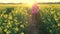 African American girl teenager female young woman running or jogging and drinking a bottle of water in field of yellow flowers