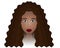 African American lady. Head of a woman with blue eyes. Colored vector illustration. Brunette girl face. Long curls, Afro hairstyle